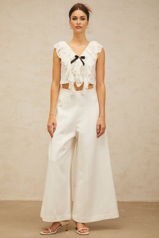 Dallas White Chiffon Ruffled Bowknot Cropped Top