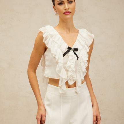 Dallas White Chiffon Ruffled Bowknot Cropped Top