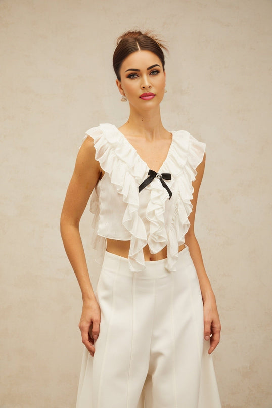 Dallas White Chiffon Ruffled Bowknot Cropped Top