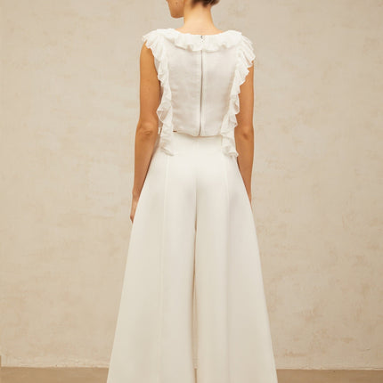 Dallas White Chiffon Ruffled Bowknot Cropped Top