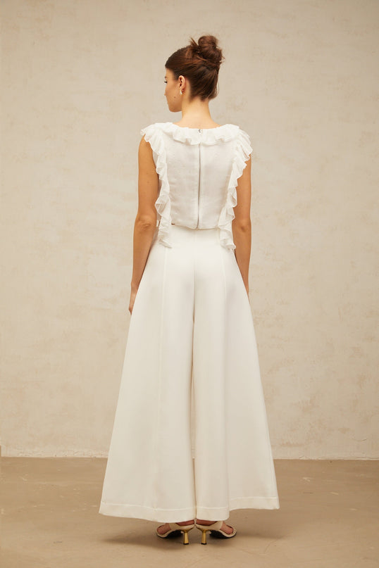 Dallas White Chiffon Ruffled Bowknot Cropped Top