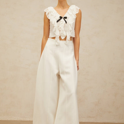 Dallas White Chiffon Ruffled Bowknot Cropped Top with Crystal Embellishment and Glitter Detailing