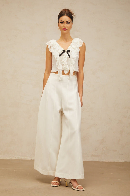 Dallas White Chiffon Ruffled Bowknot Cropped Top with Crystal Embellishment and Glitter Detailing