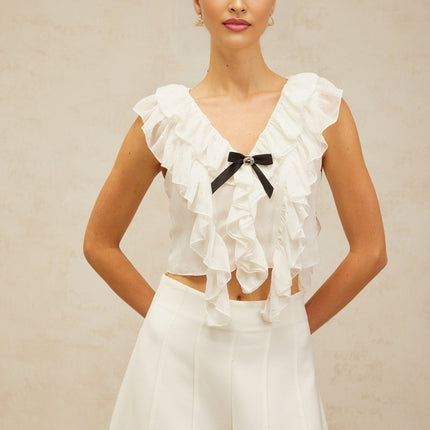 Dallas White Chiffon Ruffled Bowknot Cropped Top with Crystal Embellishment and Glitter Detailing