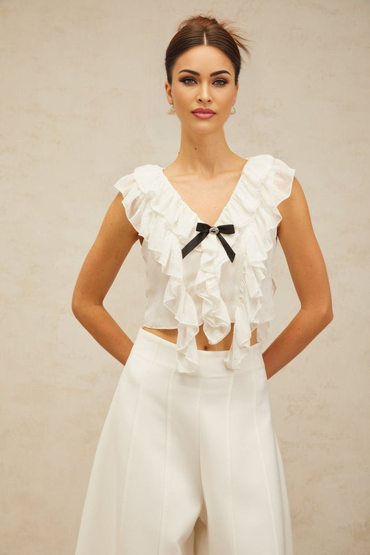Dallas White Chiffon Ruffled Bowknot Cropped Top with Crystal Embellishment and Glitter Detailing