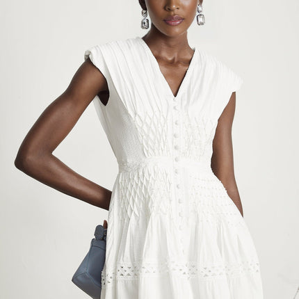 Dallas White Lace Trim Mini Dress with Cut-Out Elements and Faux-Pearl Embellishments