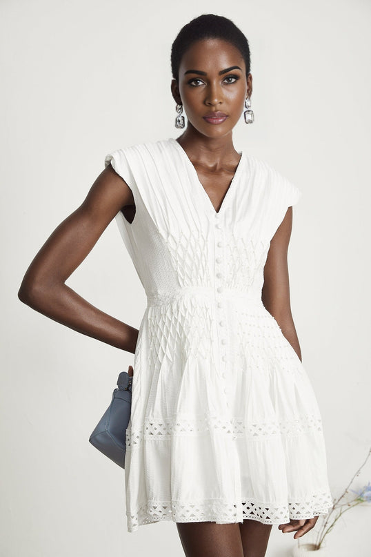 Dallas White Lace Trim Mini Dress with Cut-Out Elements and Faux-Pearl Embellishments