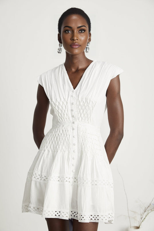 Dallas White Lace Trim Pleated Mini Dress