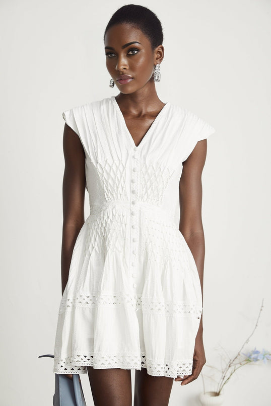 Dallas White Lace Trim Pleated Mini Dress