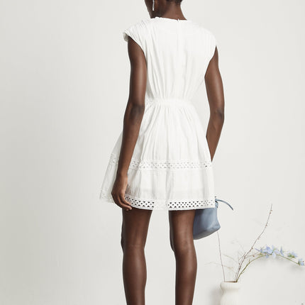 Dallas White Mini Dress V-neck A-line Pleated Lace Cut-out Faux-pearl Zip Fastening