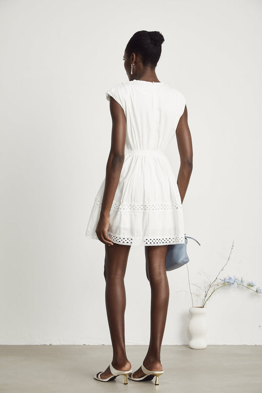 Dallas White Mini Dress V-neck A-line Pleated Lace Cut-out Faux-pearl Zip Fastening