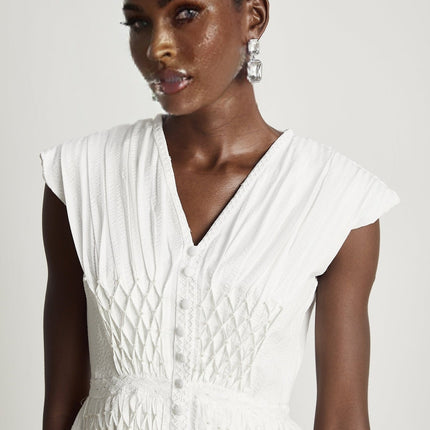 Dallas White Mini Dress V-neck A-line Pleated Lace Trim Cut-out Faux-pearl Embellishments Rear Zip Fastening Cotton Terylene Blend