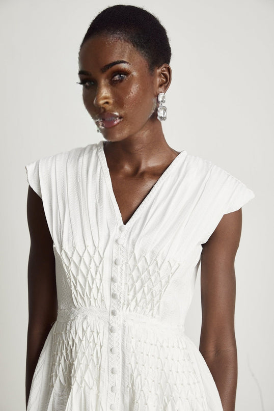 Dallas White Mini Dress V-neck A-line Pleated Lace Trim Cut-out Faux-pearl Embellishments Rear Zip Fastening Cotton Terylene Blend
