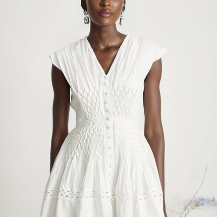 Dallas White Mini Dress V-neck A-line Pleated Lace Trim Cut-out Faux-pearl Embellishments Rear Zip Fastening Cotton Terylene Blend