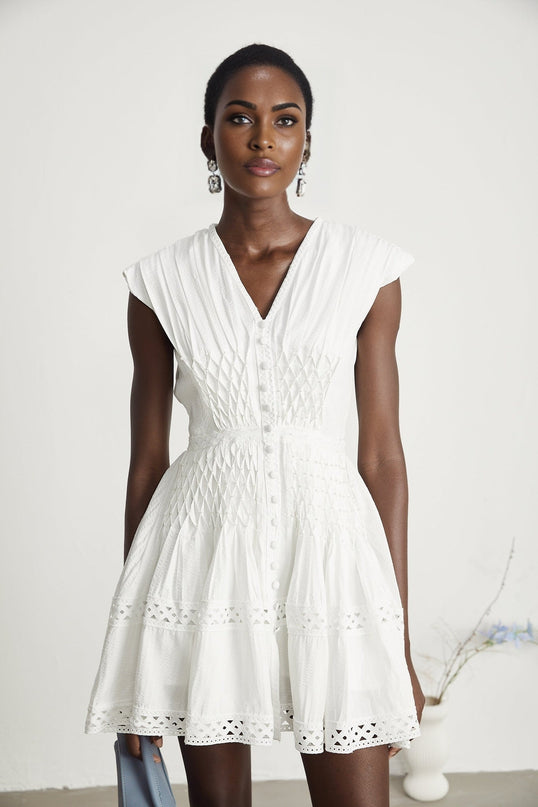 Dallas White Mini Dress V-neck A-line Pleated Lace Trim Cut-out Faux-pearl Embellishments Rear Zip Fastening Cotton Terylene Blend