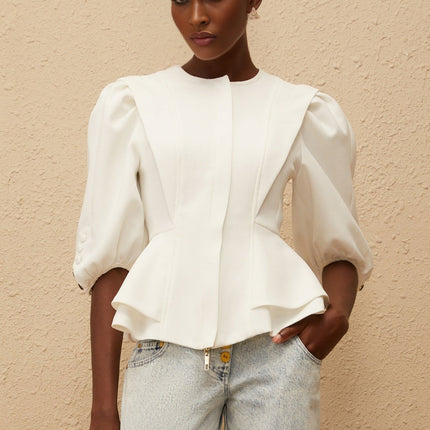 Dallas White Peplum Waist Buttoned Zip Blouse