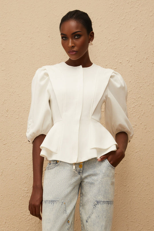 Dallas White Peplum Waist Buttoned Zip Blouse