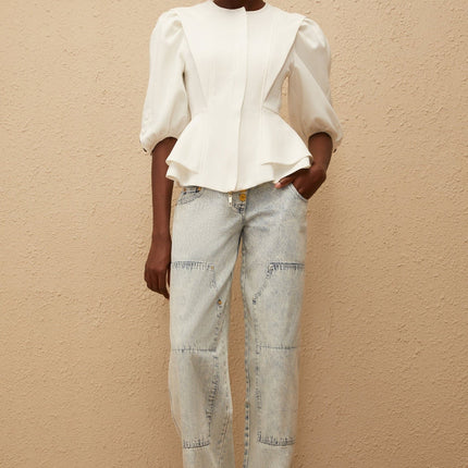Dallas White Peplum Waist Buttoned Zip Blouse