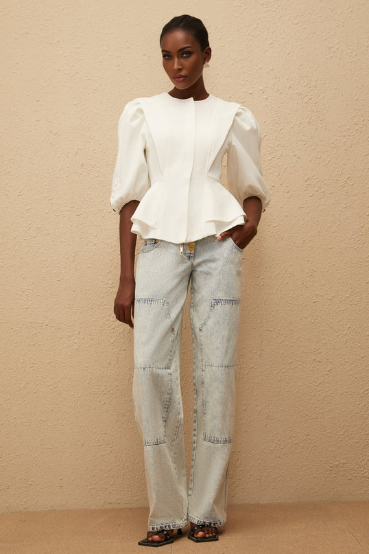 Dallas White Peplum Waist Buttoned Zip Blouse