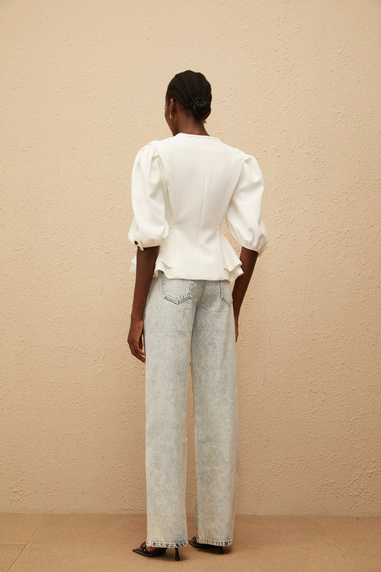 Dallas White Peplum Waist Buttoned Zip Blouse