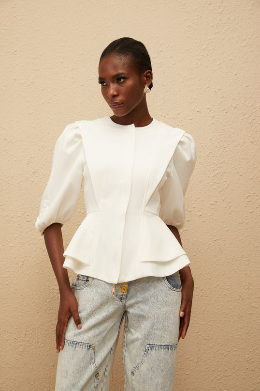 Dallas White Peplum Waist Buttoned Zip Blouse