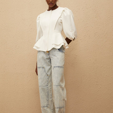 Dallas White Peplum Waist Buttoned Zip Blouse