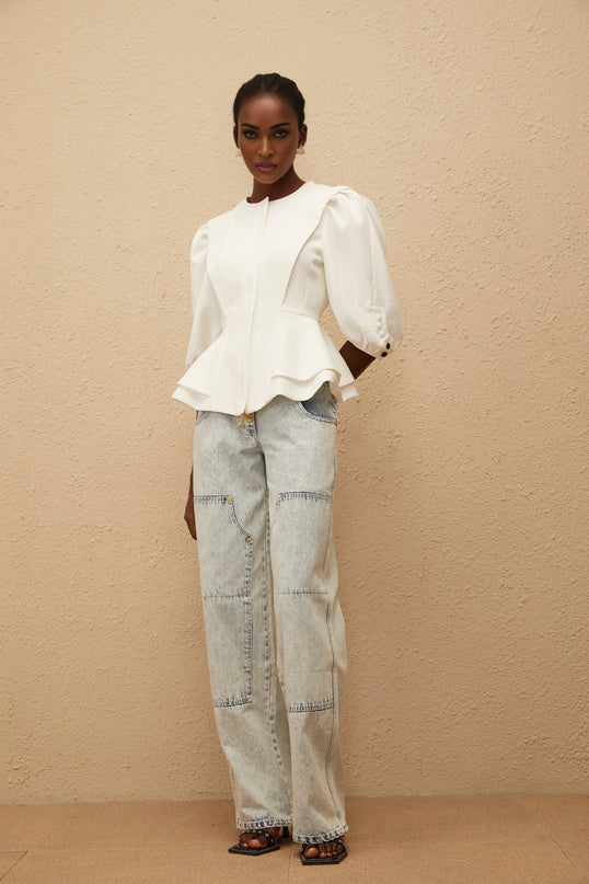 Dallas White Peplum Waist Buttoned Zip Blouse
