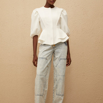 Dallas White Peplum Waist Buttoned Zip Blouse