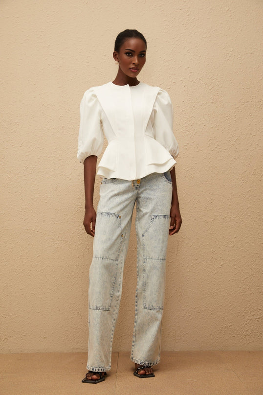 Dallas White Peplum Waist Buttoned Zip Blouse