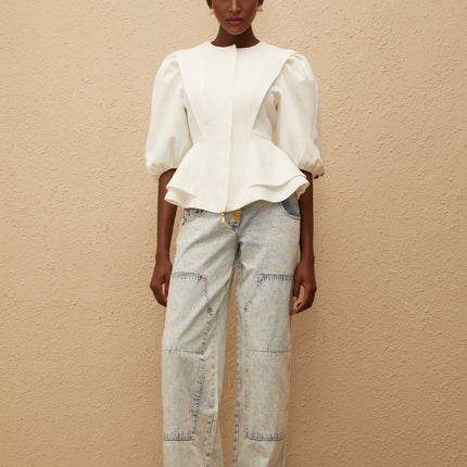 Dallas White Peplum Waist Buttoned Zip Blouse