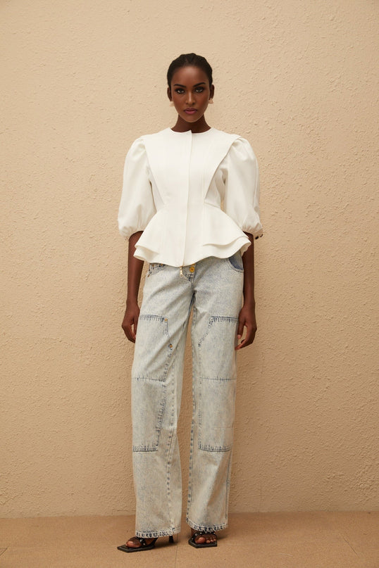 Dallas White Peplum Waist Buttoned Zip Blouse