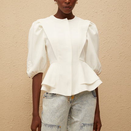 Dallas White Peplum Waist Buttoned Zip Blouse