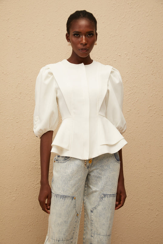 Dallas White Peplum Waist Buttoned Zip Blouse