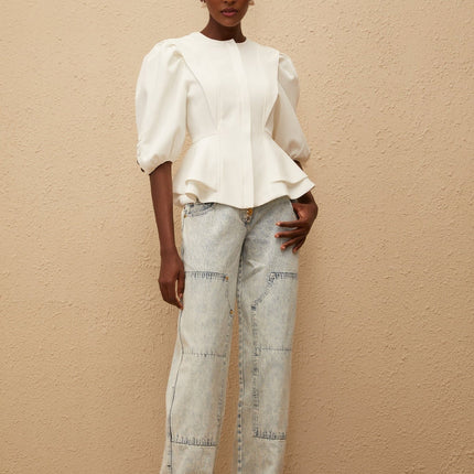 Dallas White Peplum Waist Buttoned Zip Blouse