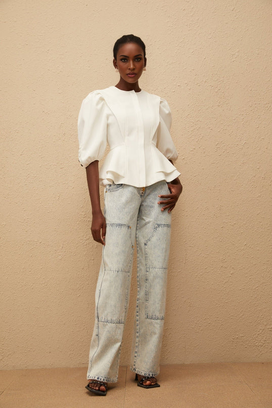 Dallas White Peplum Waist Buttoned Zip Blouse