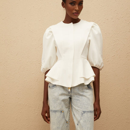 Dallas White Peplum Waist Buttoned Zip Blouse