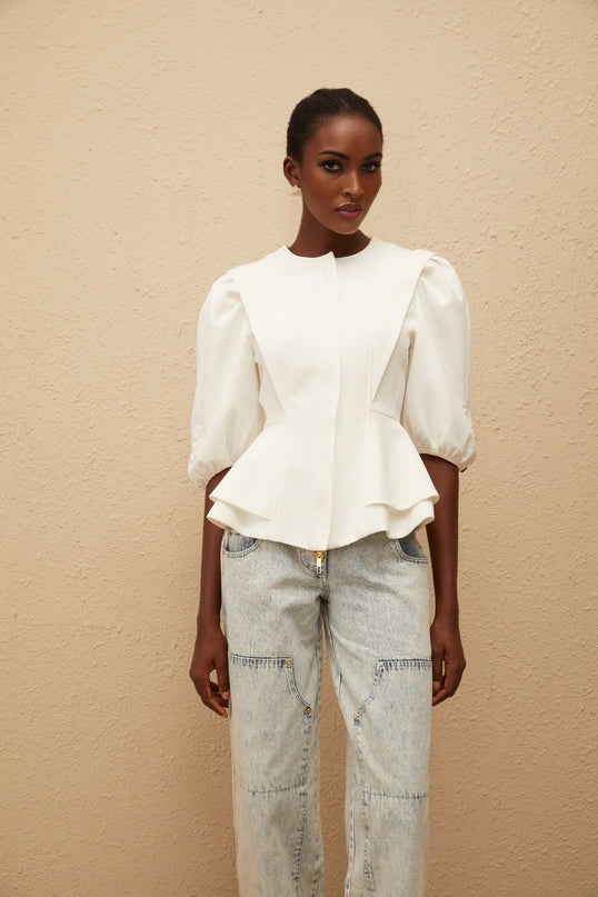 Dallas White Peplum Waist Buttoned Zip Blouse