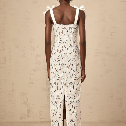 Dallas White Velvet Lace Maxi Dress with Bowknot Straps and Cut-out Detail