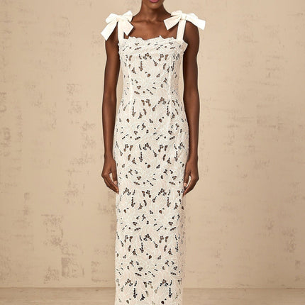 Dallas White Velvet Lace Maxi Dress with Bowknot Straps and Cut-Out Detail