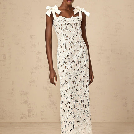 Dallas White Velvet Lace Maxi Dress with Bowknot Straps and Floral Embroidery