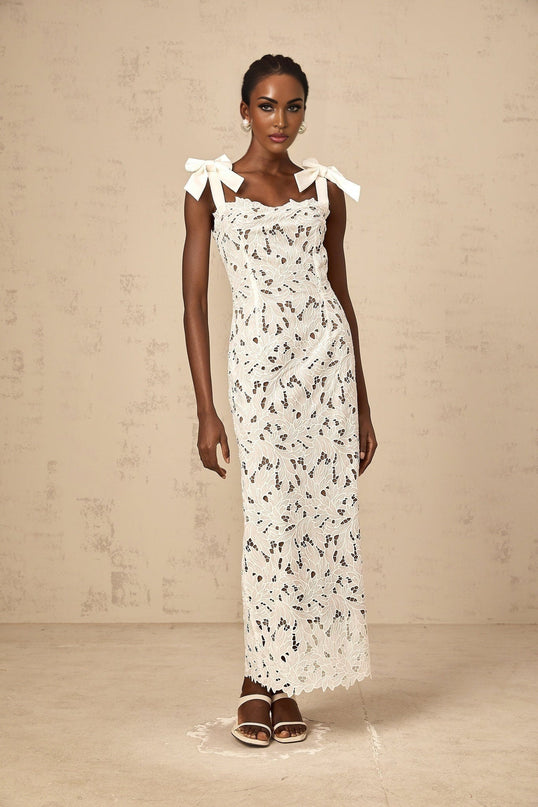 Dallas White Velvet Lace Maxi Dress with Bowknot Straps and Floral Embroidery