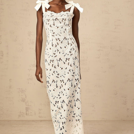 Dallas White Velvet Lace Maxi Dress with Bowknot Straps and Cut-Out Detail