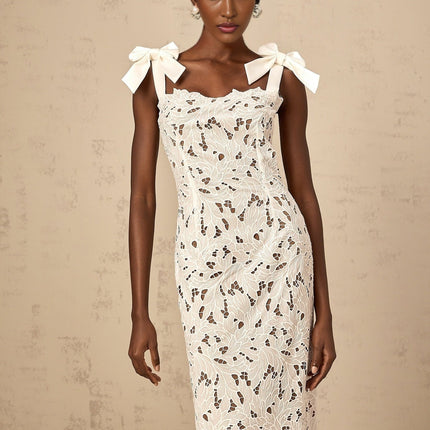 Dallas White Velvet Lace Maxi Dress with Bowknot Straps and Cut-Out Detail