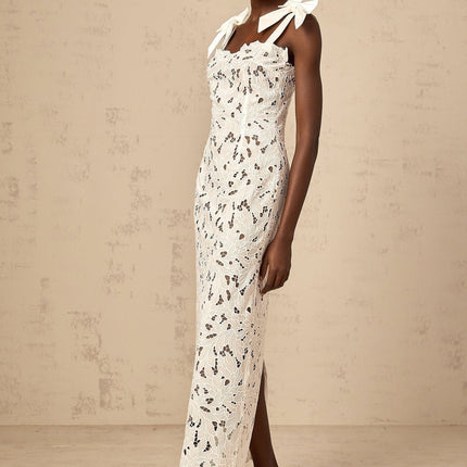 Dallas White Velvet Lace Maxi Dress with Bowknot Straps and Cut-Out Detail