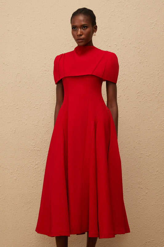 Danaé Red Asymmetrical Midi Dress with Shawl Detail