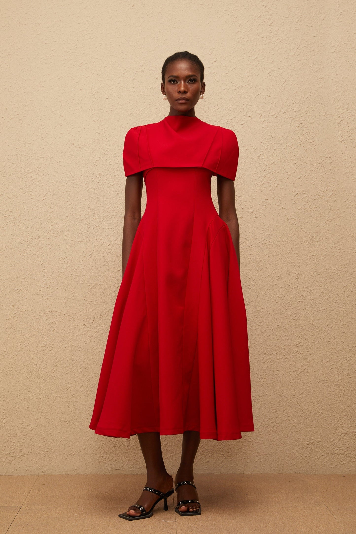 Danaé Red Asymmetrical Midi Dress with Shawl Detail