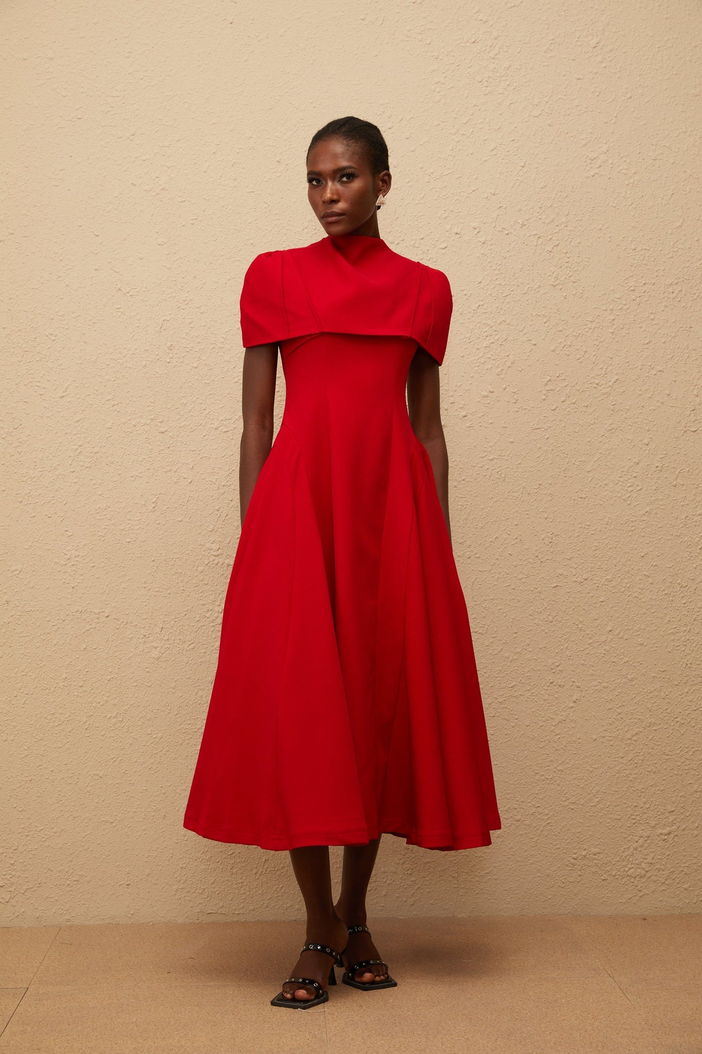 Danaé Red Asymmetrical Midi Dress with Shawl Detail