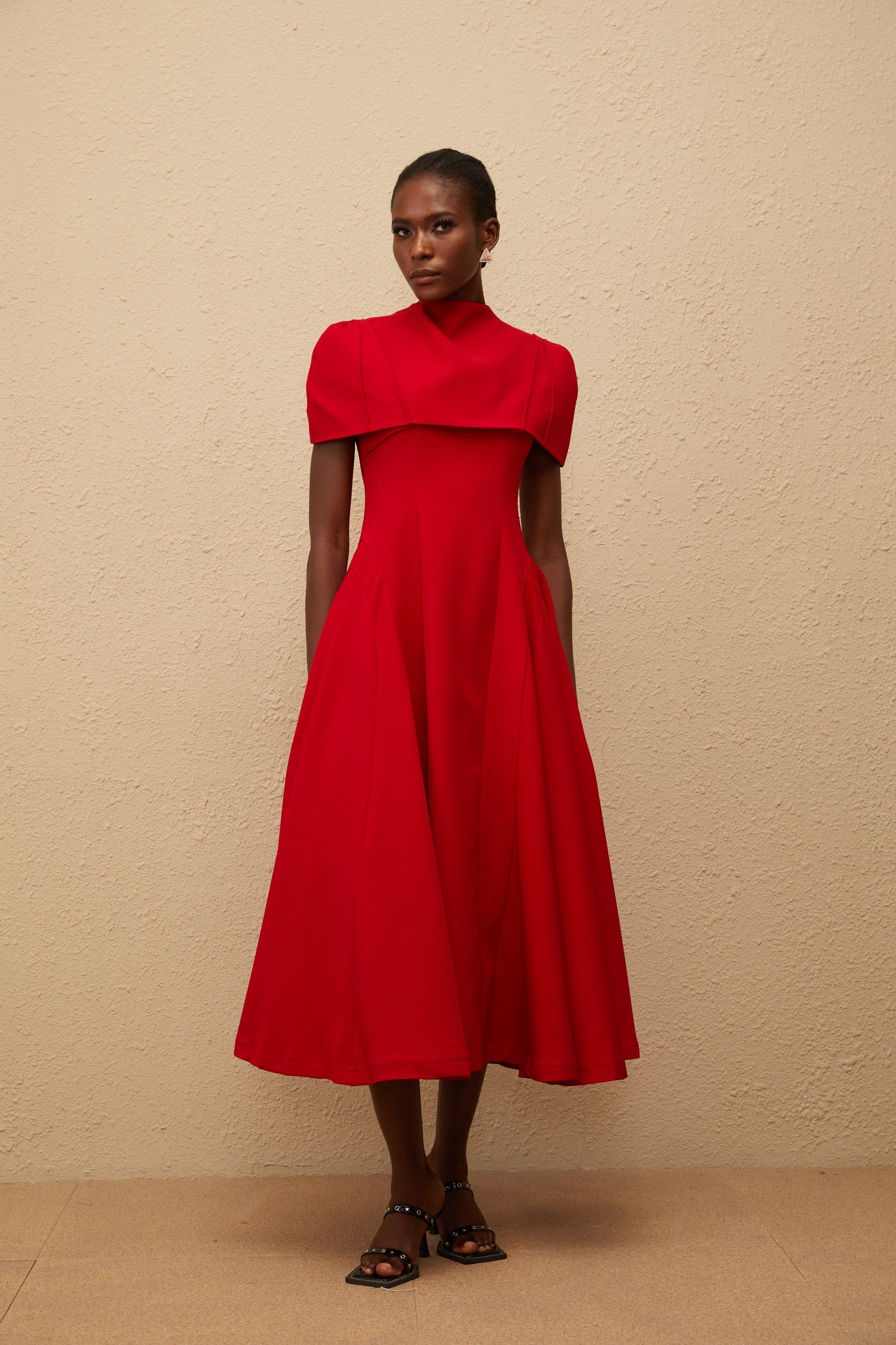 Danaé Red Asymmetrical Midi Dress with Shawl Detail