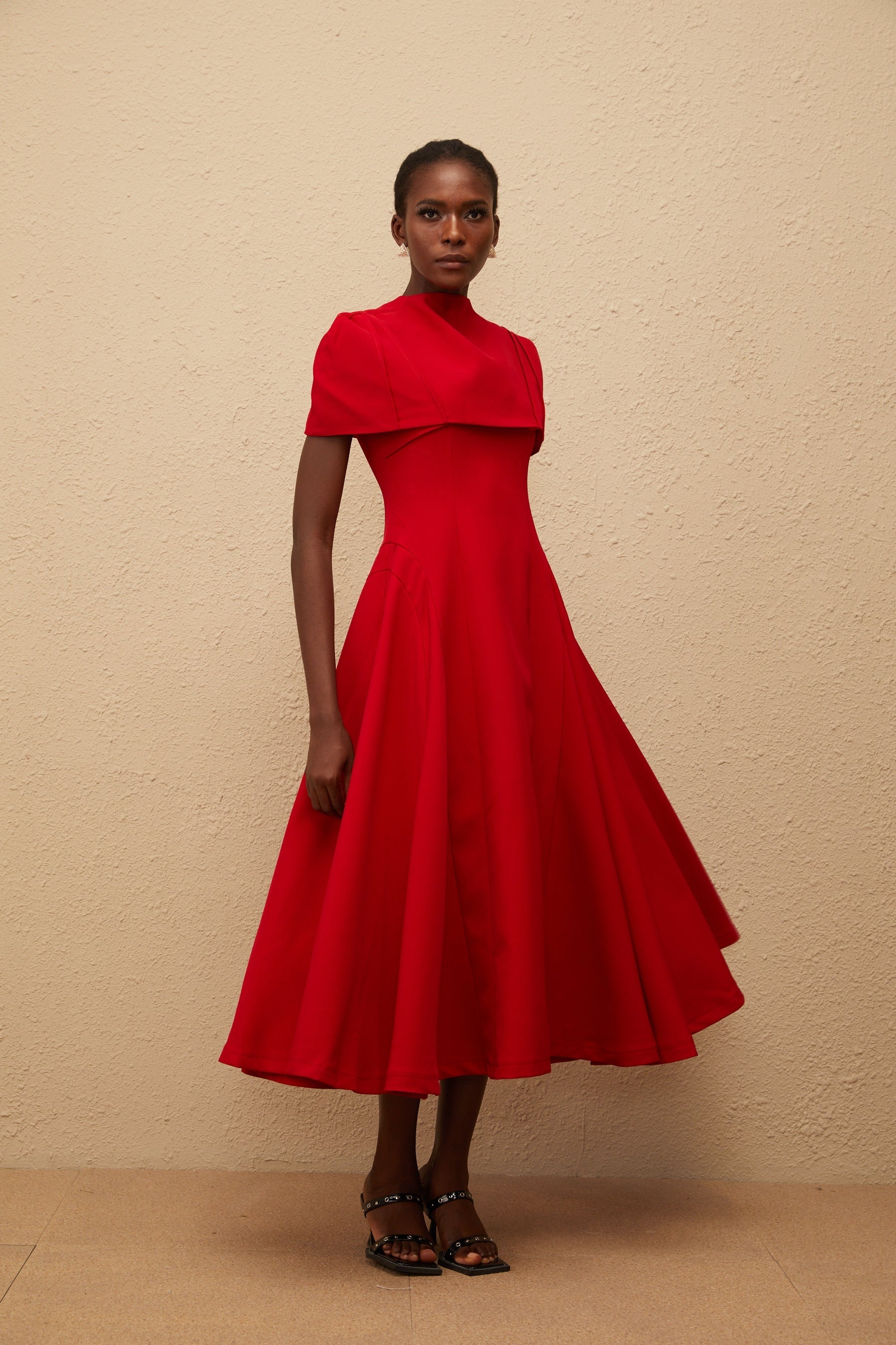 Danaé Red Asymmetrical Midi Dress with Shawl Detail