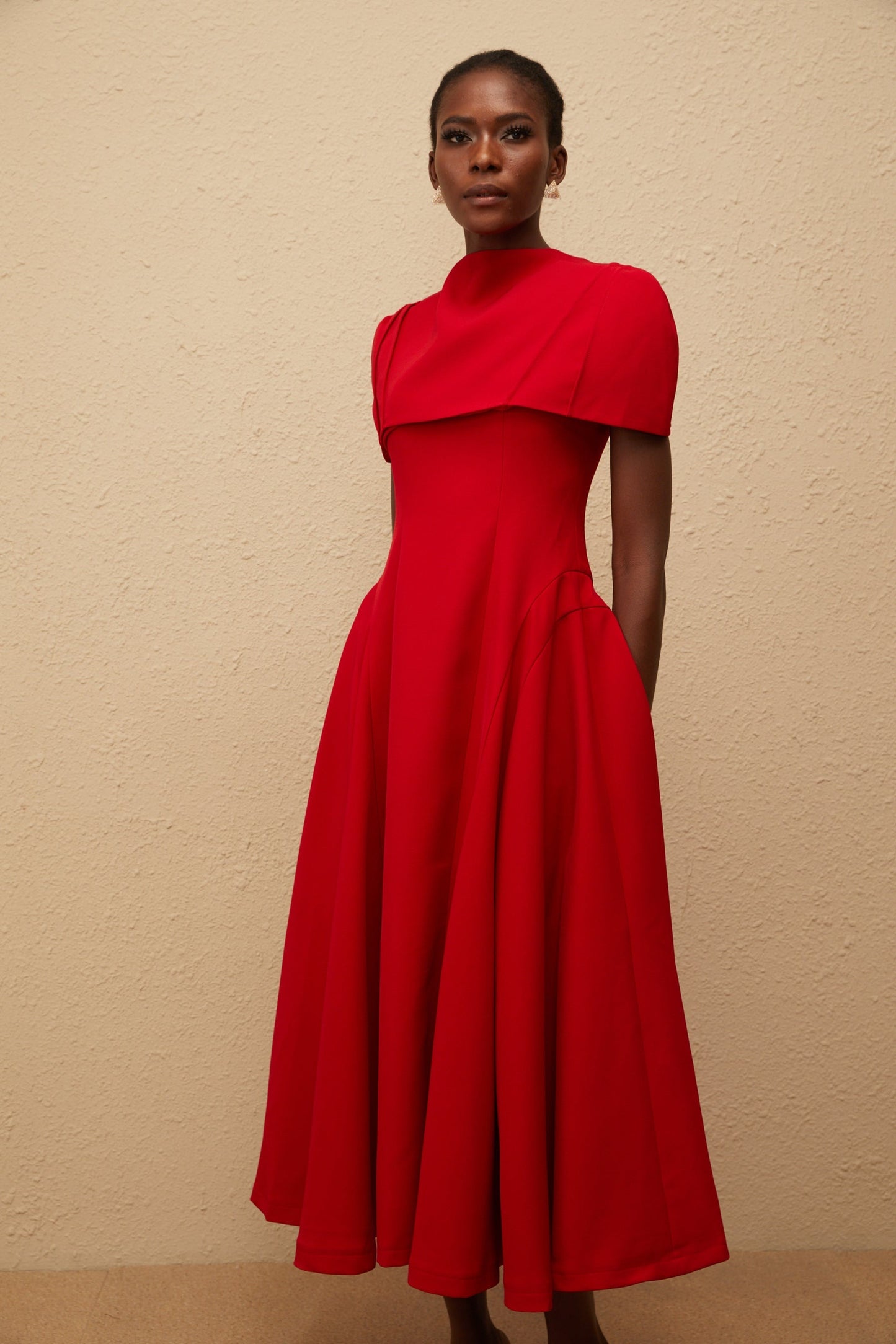 Danaé Red Asymmetrical Midi Dress with Shawl Detail